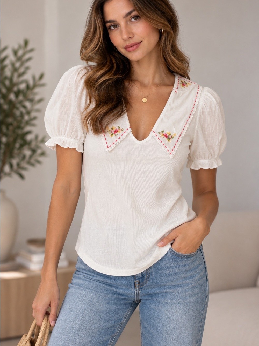 Anthropologie Cream Puff Sleeve V-Neck Top with Floral Collar